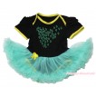 Summer Black Baby Bodysuit Aqua Blue Pettiskirt & Sparkle Rhinestone Leaf Print JS4563